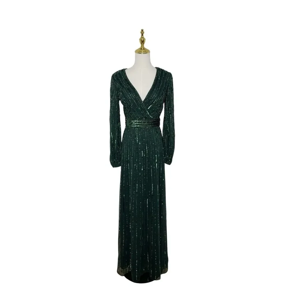 Mac Duggal 5718 Long Sleeve Sequin Gown Dark Green Size 4 $598 - Picture 3 of 7